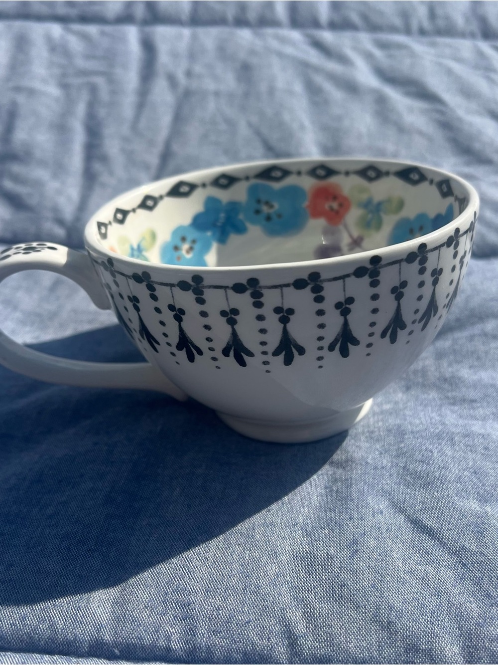 Anthropologie Sakura White Teacup with Blue and Coral Floral Interior Delicate